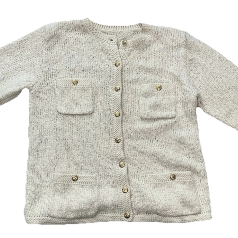 Vintage Tanner Cream Knit Gold Button Front Cardigan Sweater Old Money Preppy M